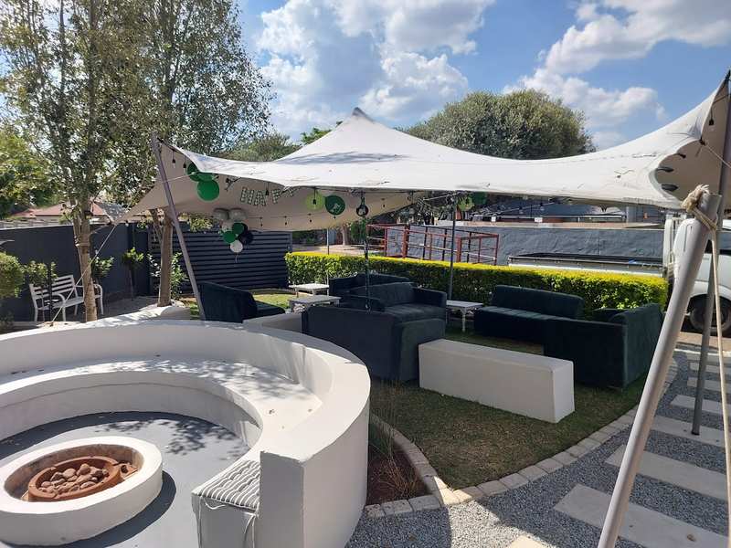 Birthday party stretch tent setup with lounge furniture Gauteng